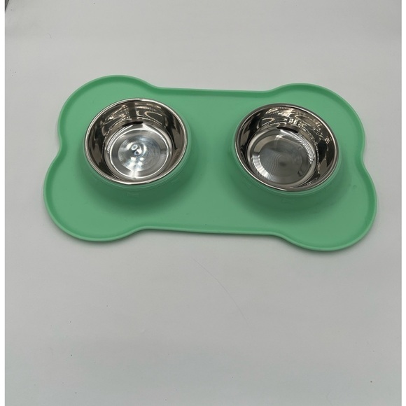 Dog Double Bowl Set - Bone Design in Turquoise New - Picture 1 of 7